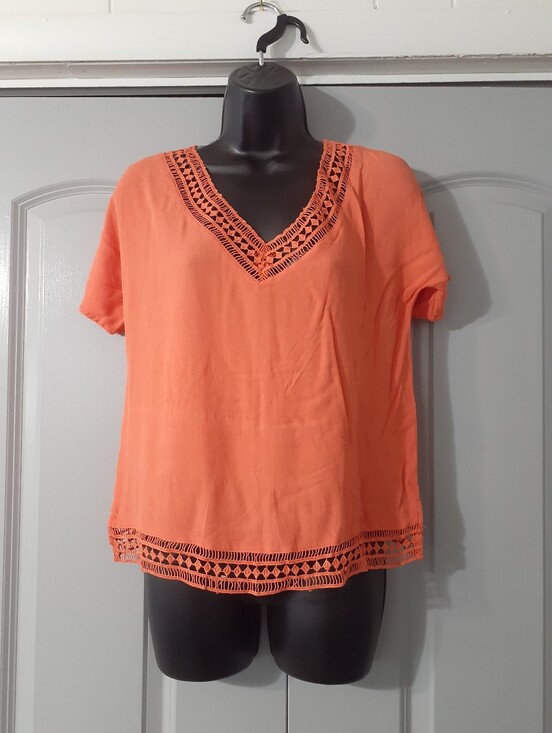 fun 2 fun Tops - Fun 2 Fun Orange Crochet V-Neck Top